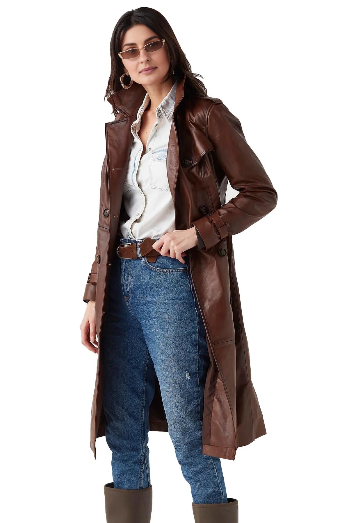 Long Brown Leather Coat For Women