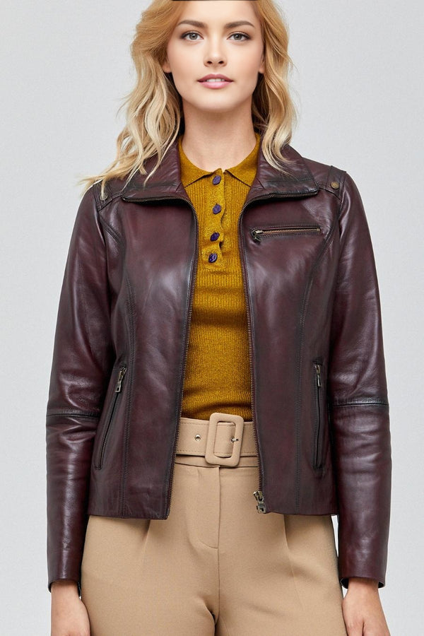 Aria Brown Slim Fit Leather Jacket For Women