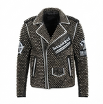 Men's Studded Leather Jacket Punk Skull UV Printed Coat