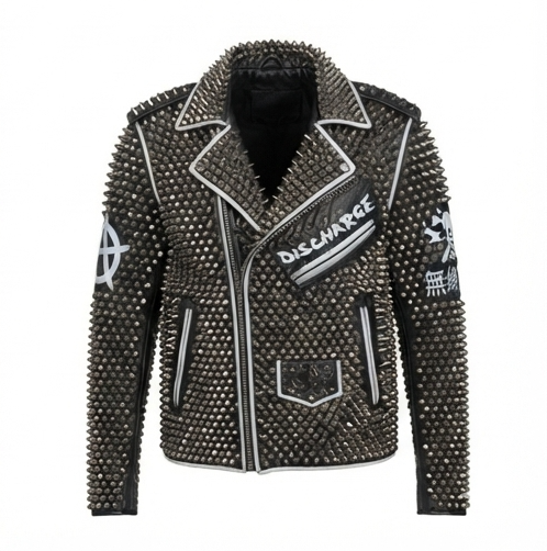 Men's Studded Leather Jacket Punk Skull UV Printed Coat