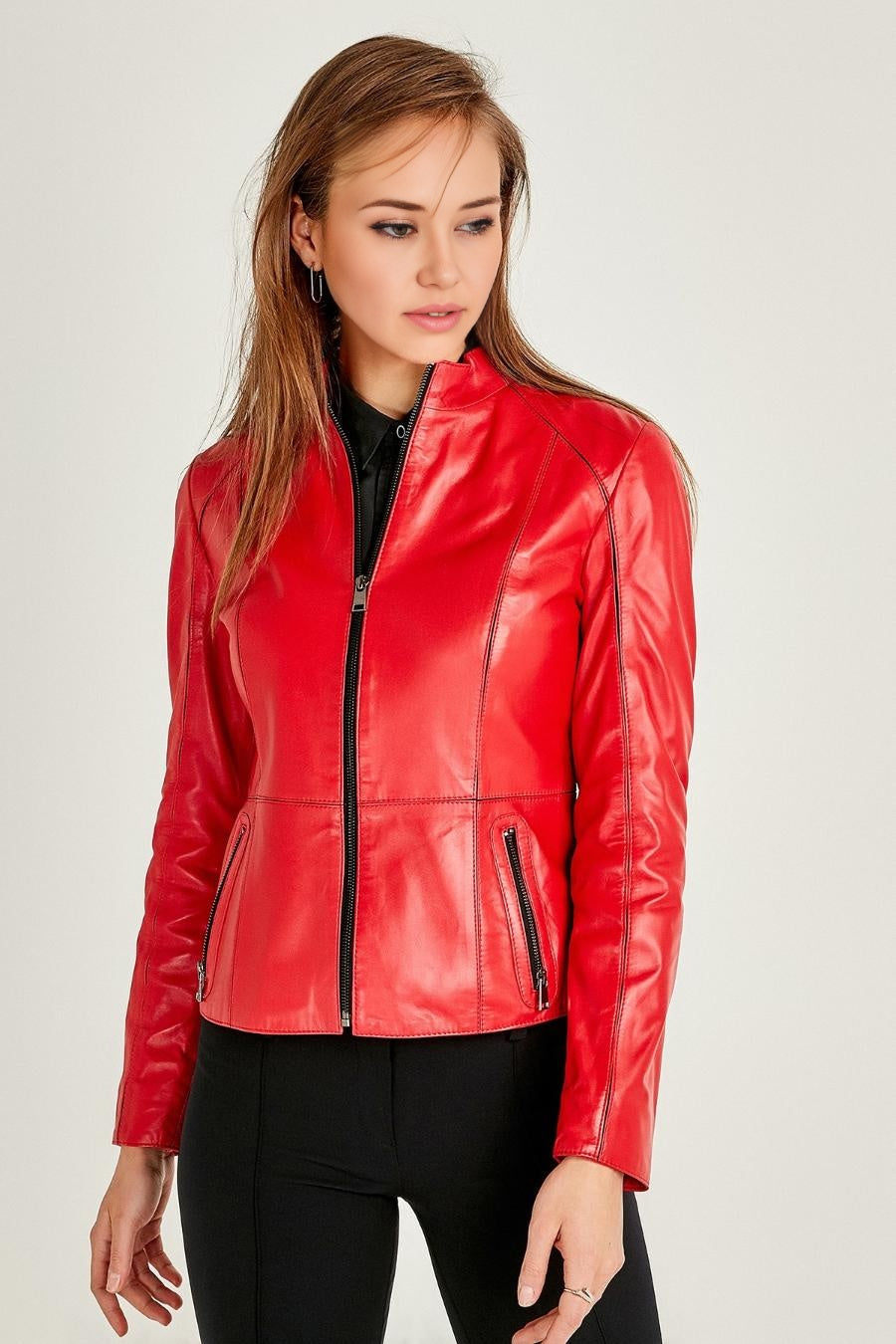 Cherry Red Leather Jacket For Women