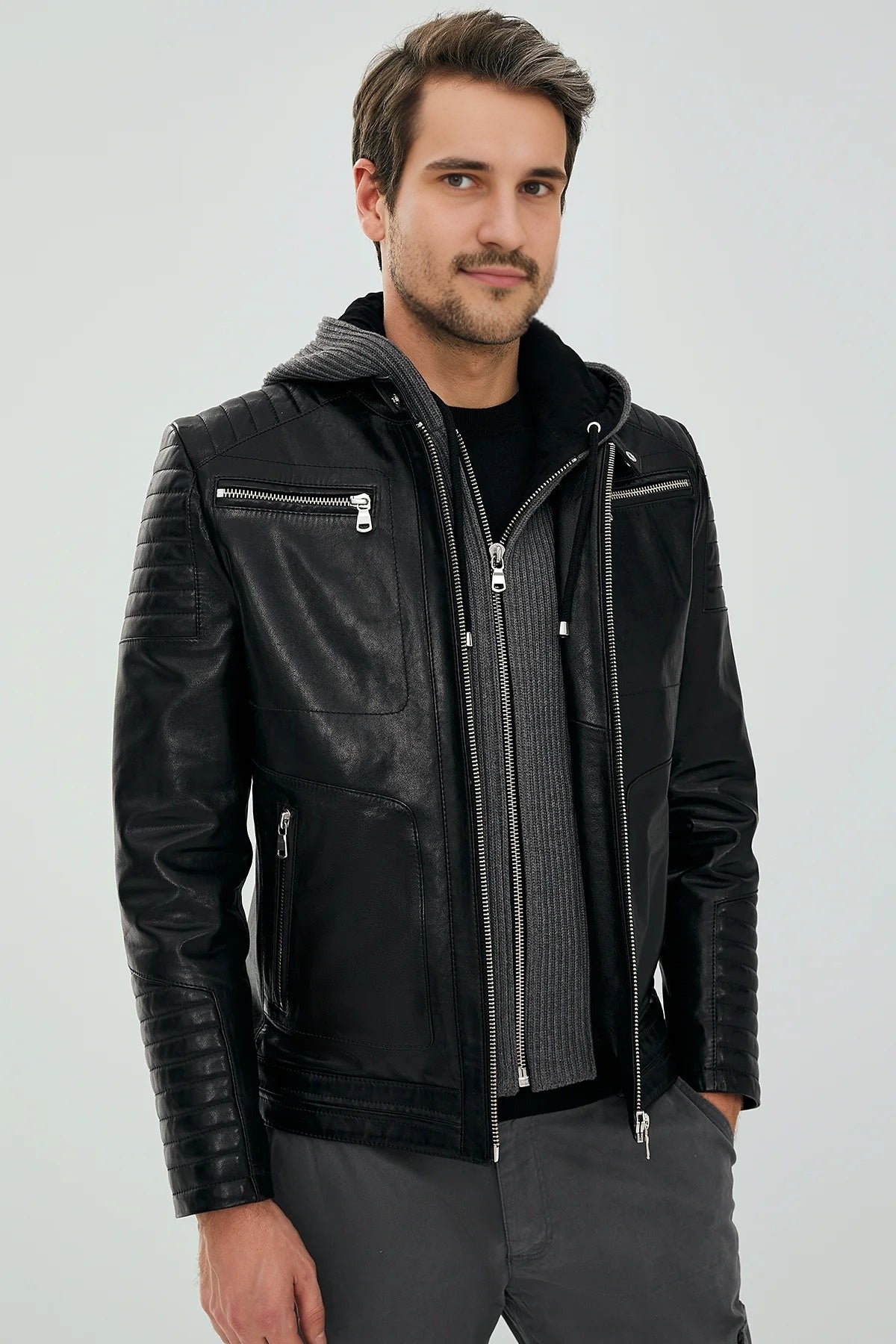 Danger Black Men's Hooded Sports Slim-Fit Leather Jacket