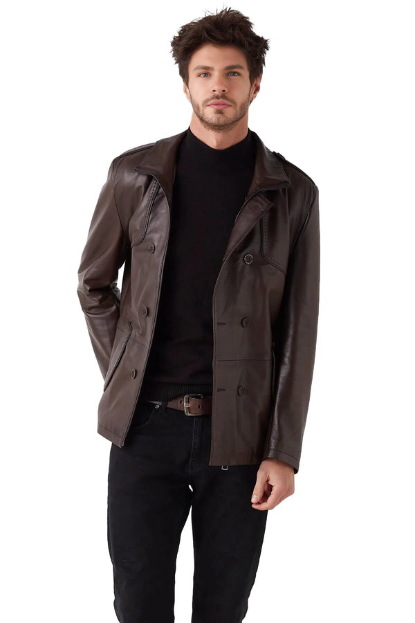 Kingston Brown High Collar Leather Jacket For Men