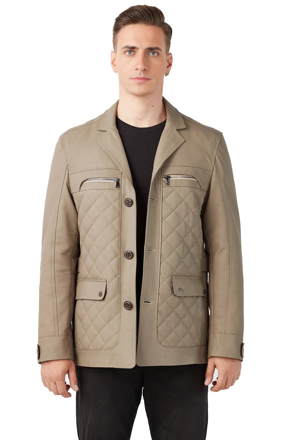 Max Puffer Beige Leather Jacket For Men