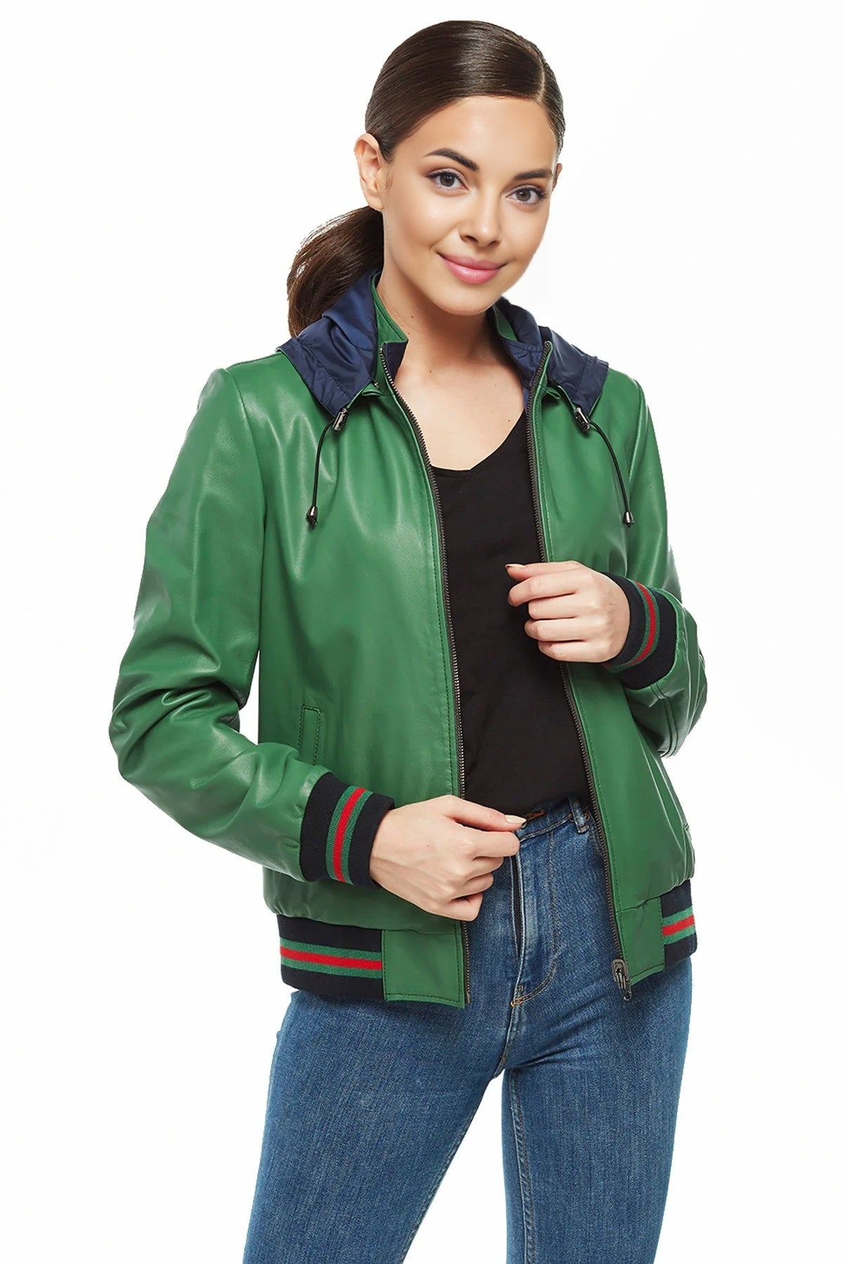Sabrina Green Leather Jacket With Hoodie For Women