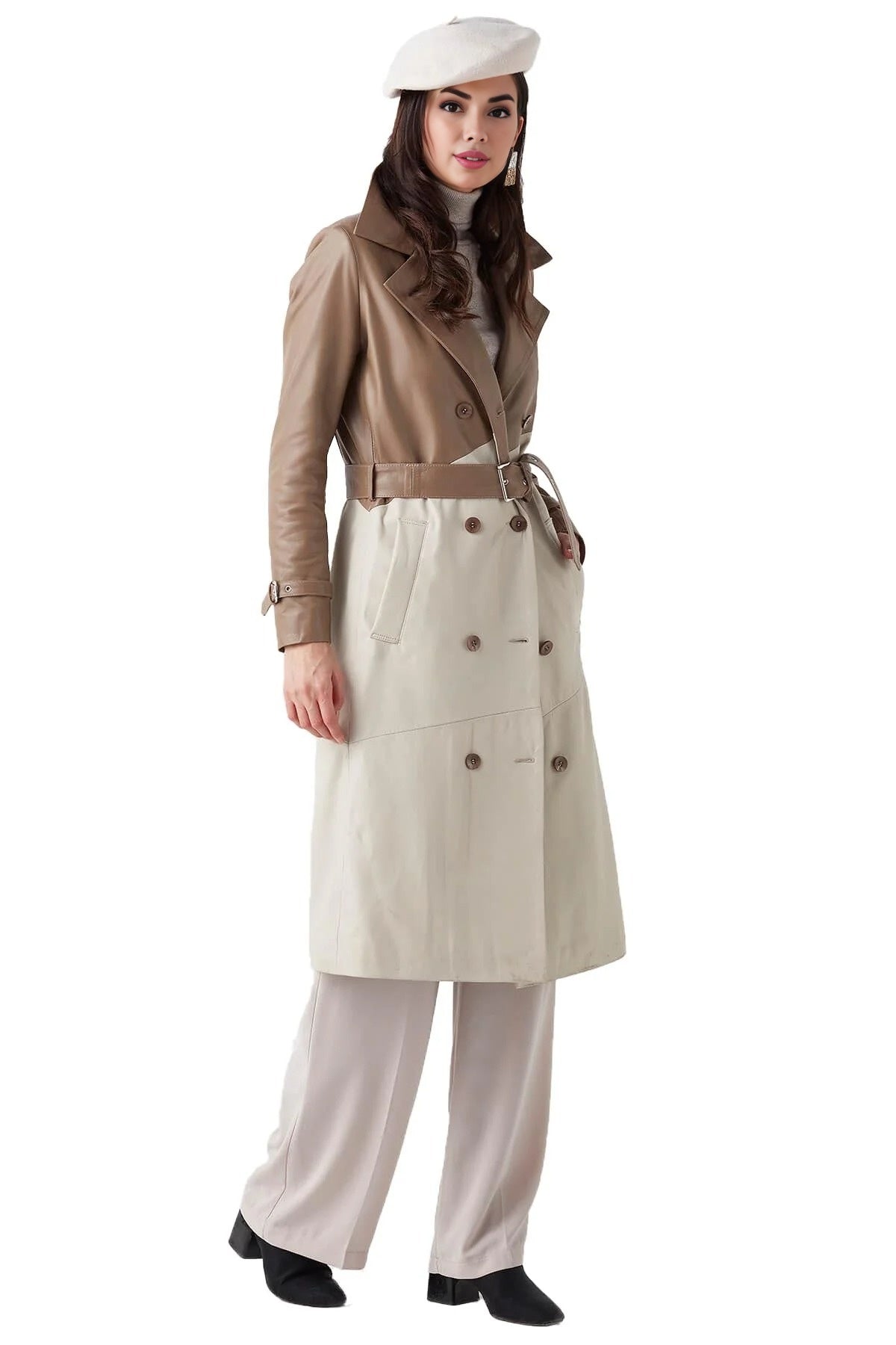 Sofia Women's Beige Garnished Cappuccino Leather Trench Coat