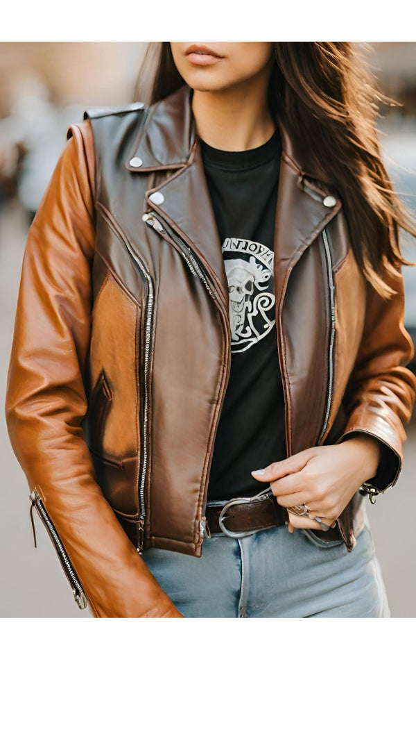 Brown & Dark Brown Biker Racer Leather Jacket For Women