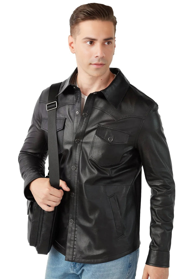 Philip Black Shirt Collar Leather Jacket For Men