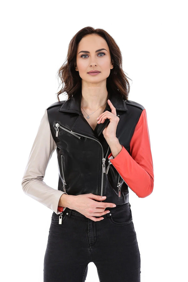 Gabriella Women Black Leather Jacket With Stylish Sleeves