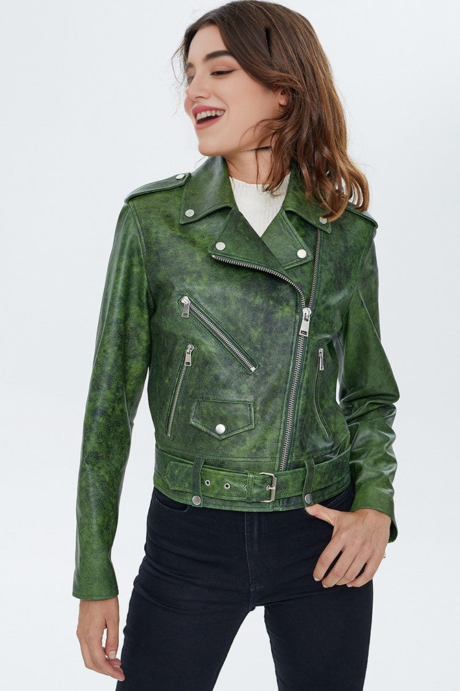 Caroline Green Waxed Biker Leather Jacket For Women's