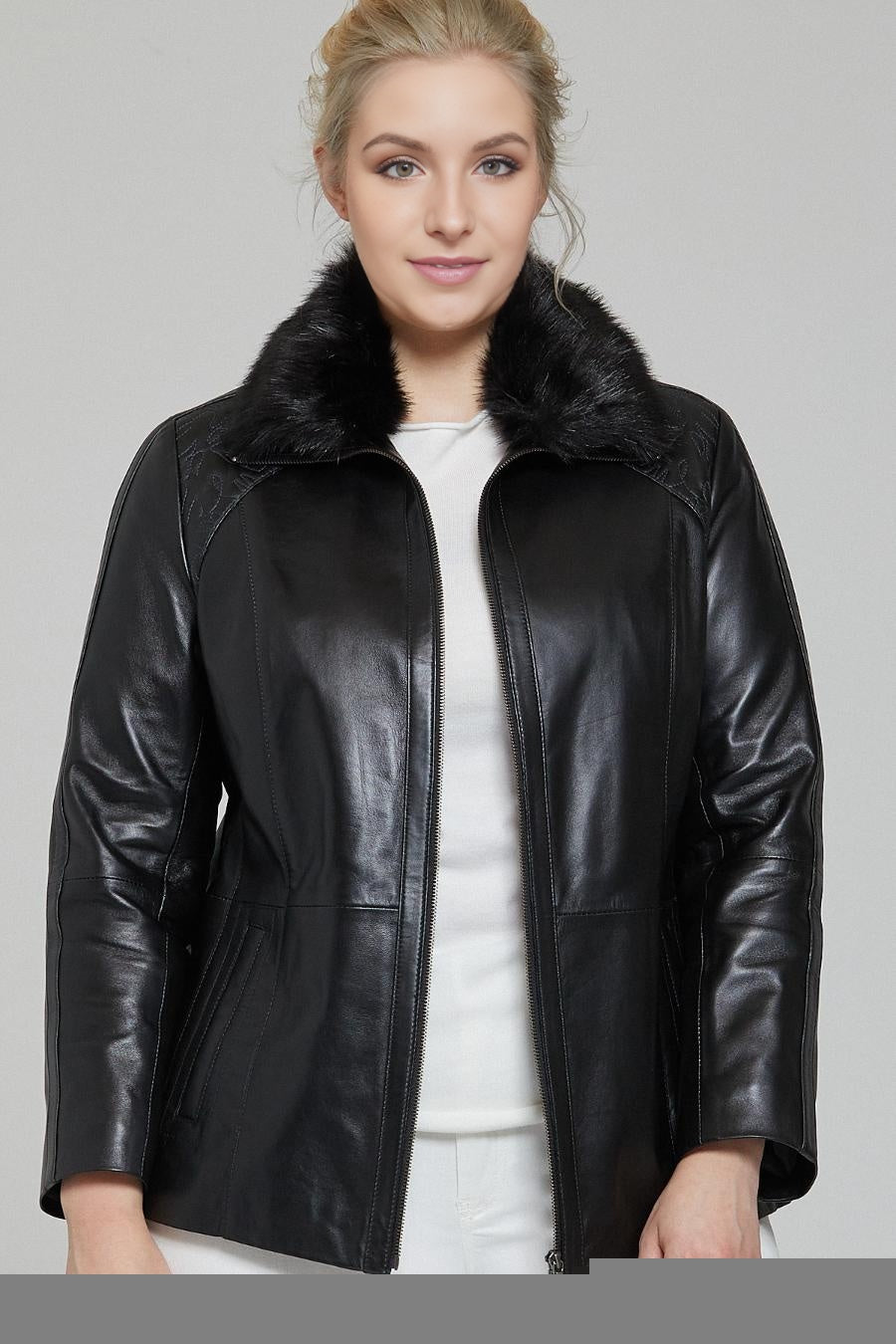 Gemma Black Leather Jacket with Original Fur Collar For Women