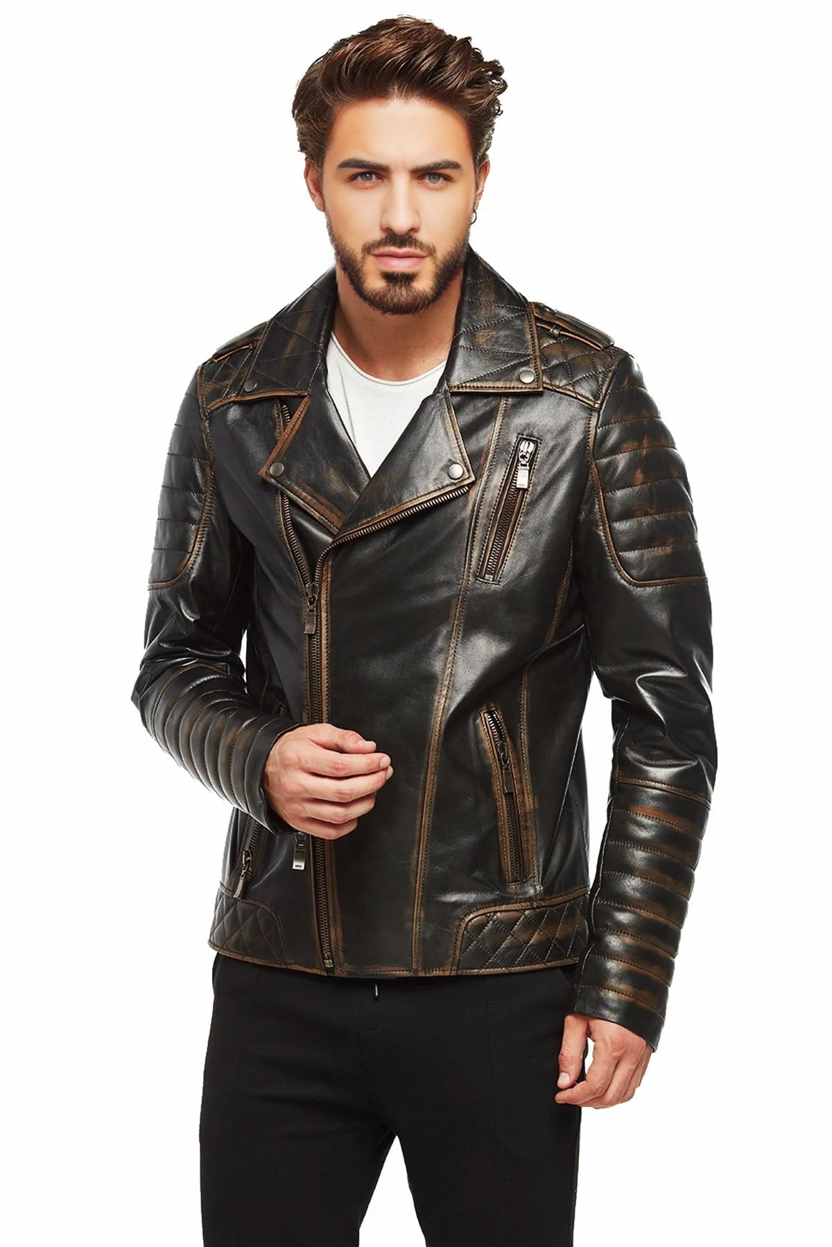 Branden Brown Distressed Leather Biker Jacket For Men