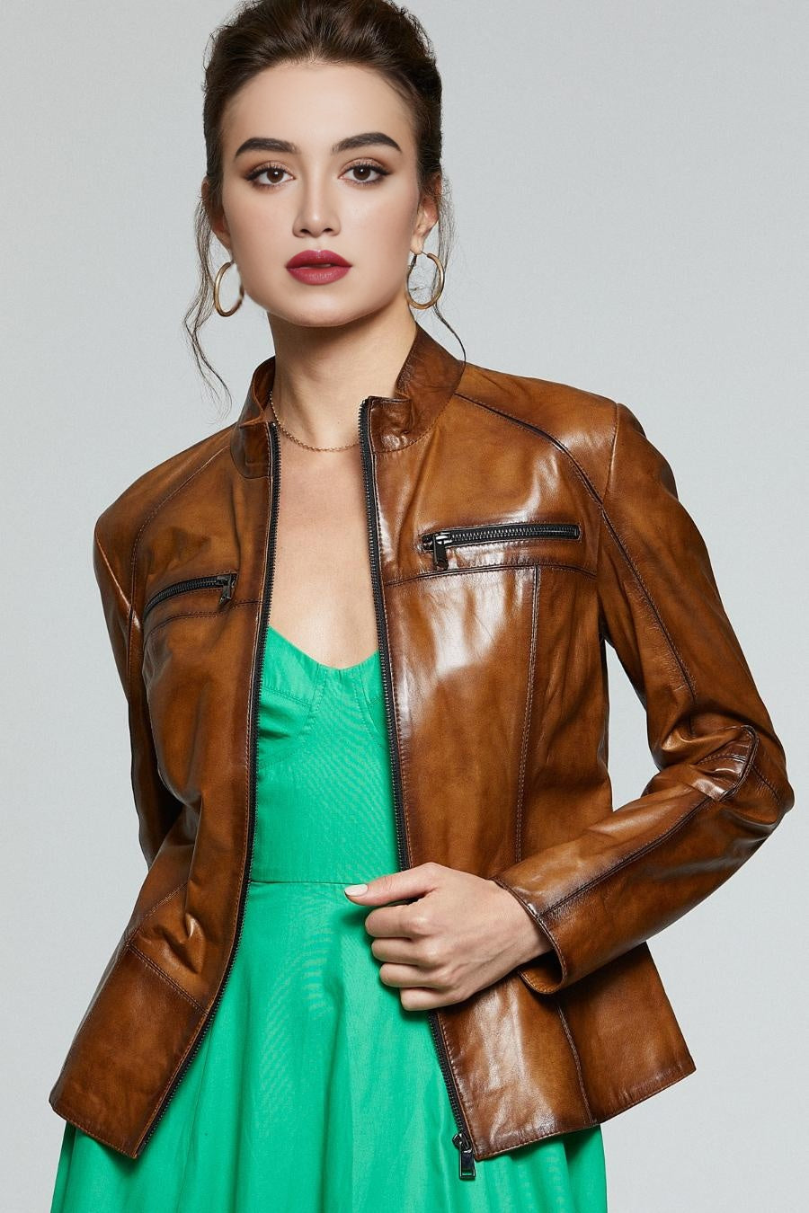 Women Amber Cafe Rccer Brown Leather Jacket
