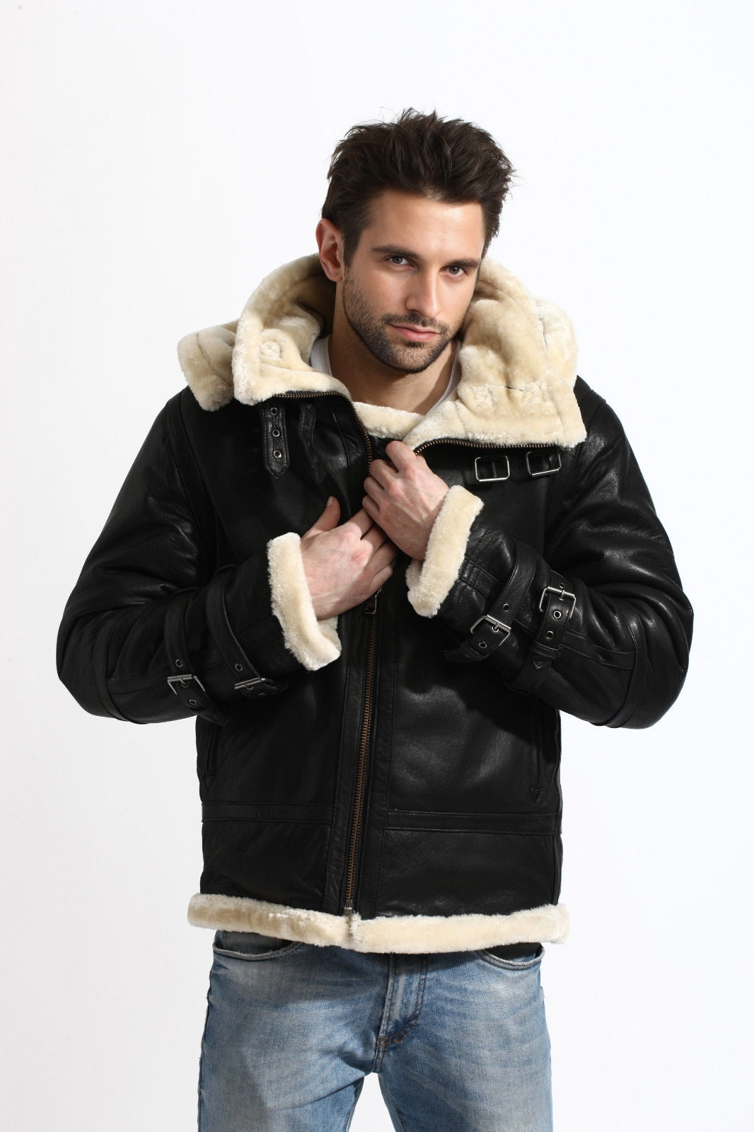 Tom B3 Fur Distressed Men Black Leather Jacket