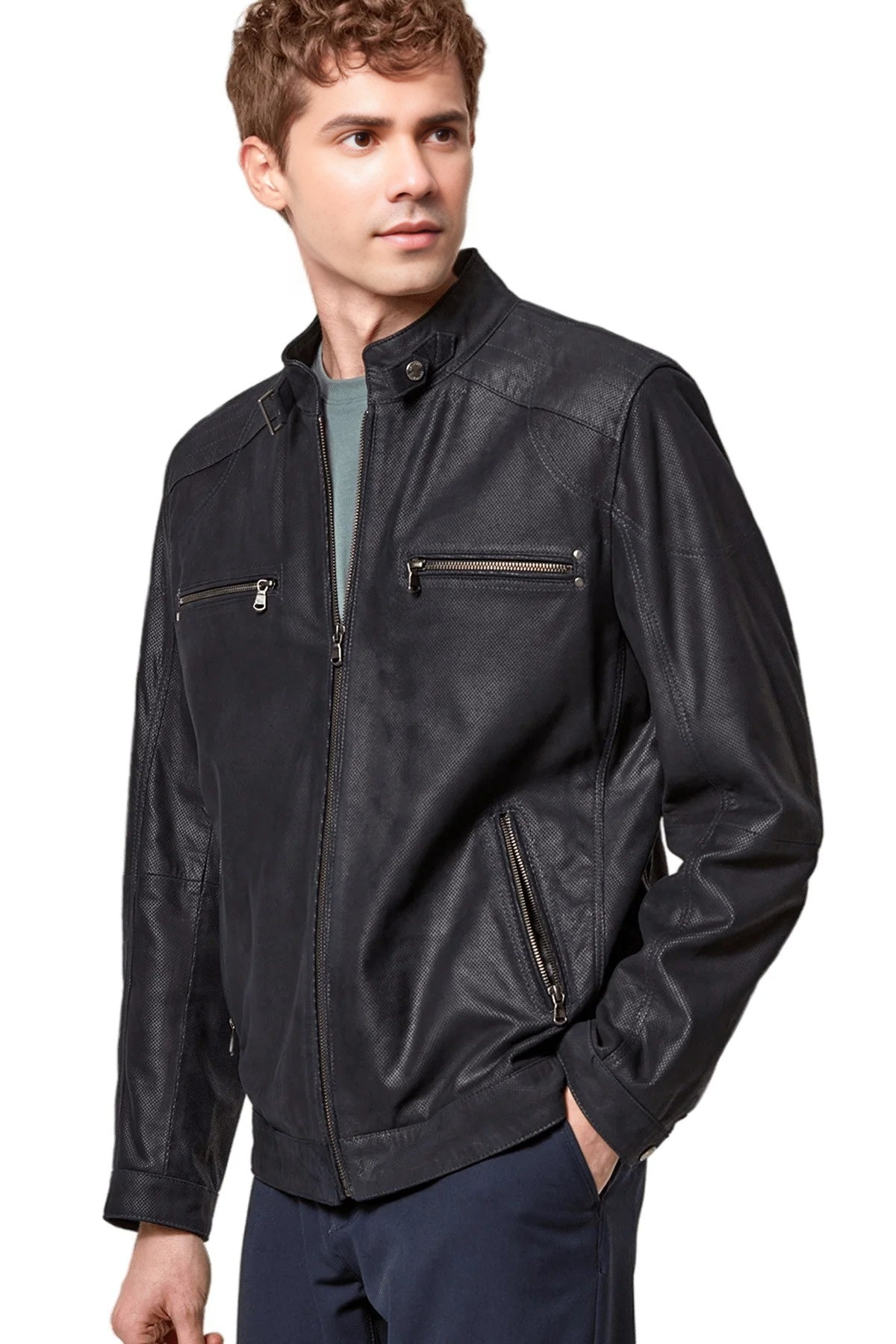 Clifford Navy Blue Cafe Racer Leather Jacket For Men
