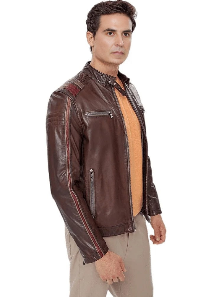 Harrison Men's Brown Leather Jacket With Red Stripe