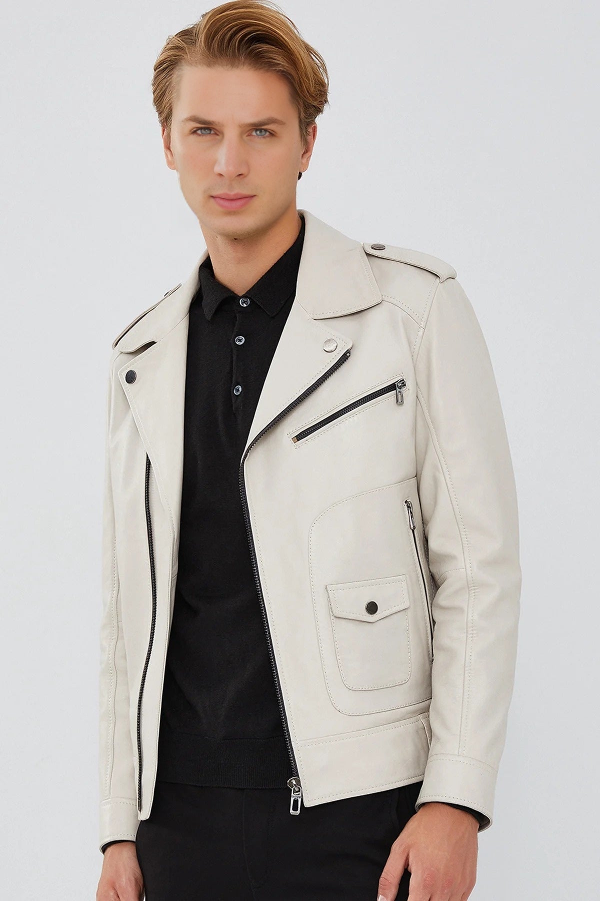 Carter White Beige Biker Leather Jacket For Men