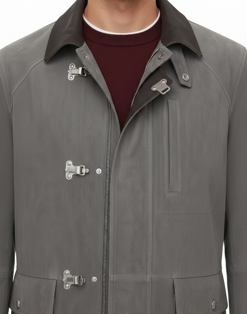 Mikhail Grey Suede Fireman Jacket with Metal Clasps – Distressed