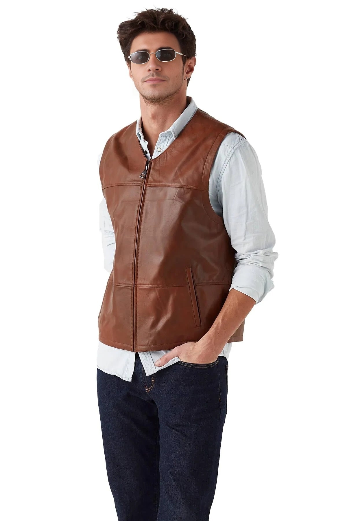 Luxury Brown Leather Vest For Men