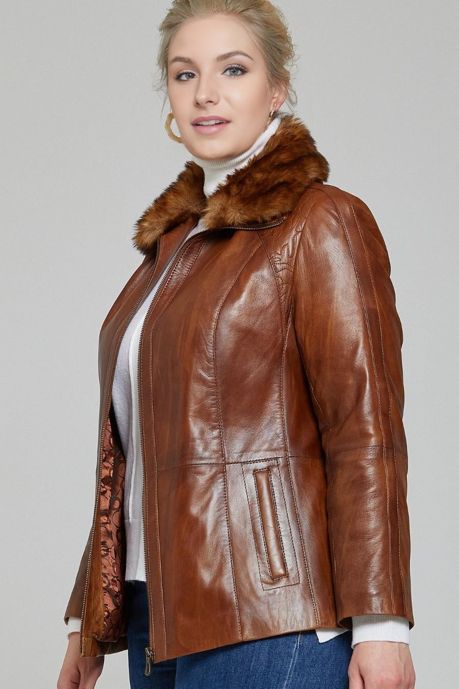 Gemma Original Fur Collar Brown Women Leather Jacket