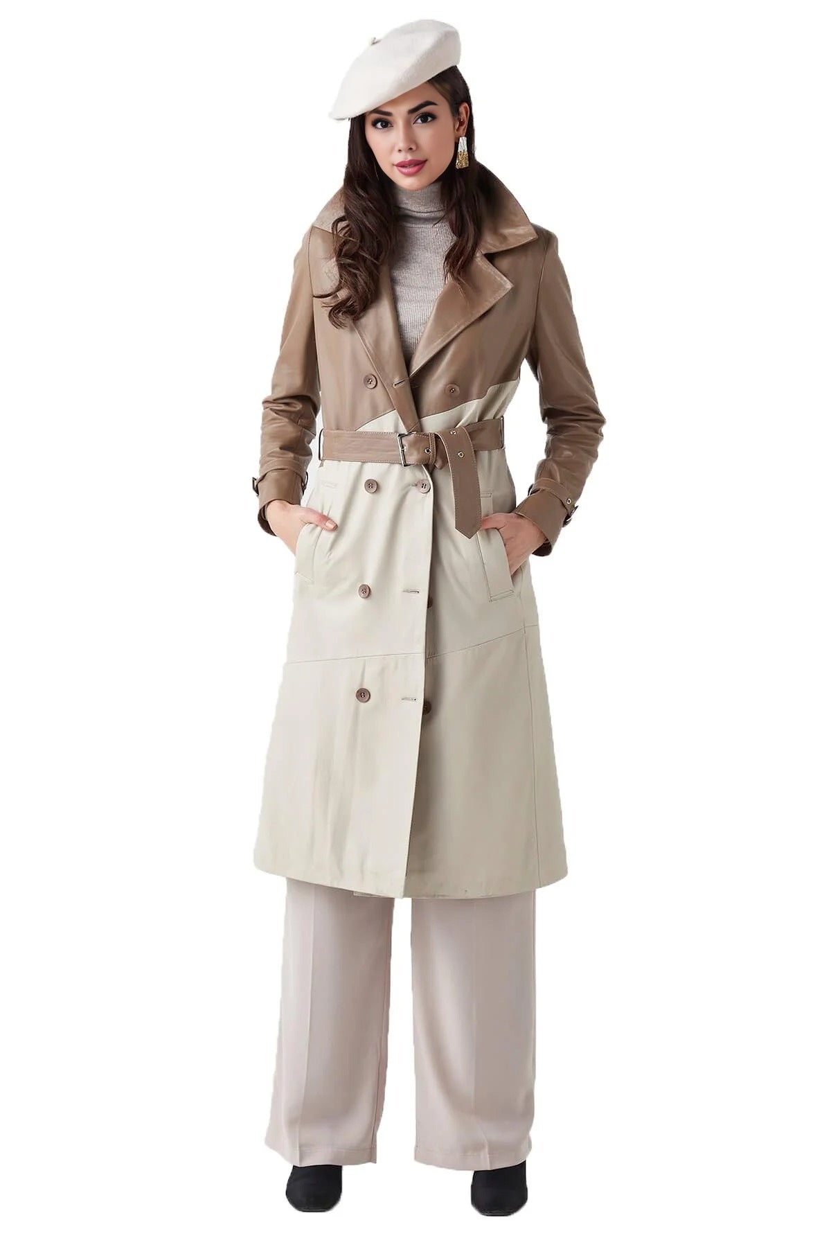 Sofia Women's Beige Garnished Cappuccino Leather Trench Coat