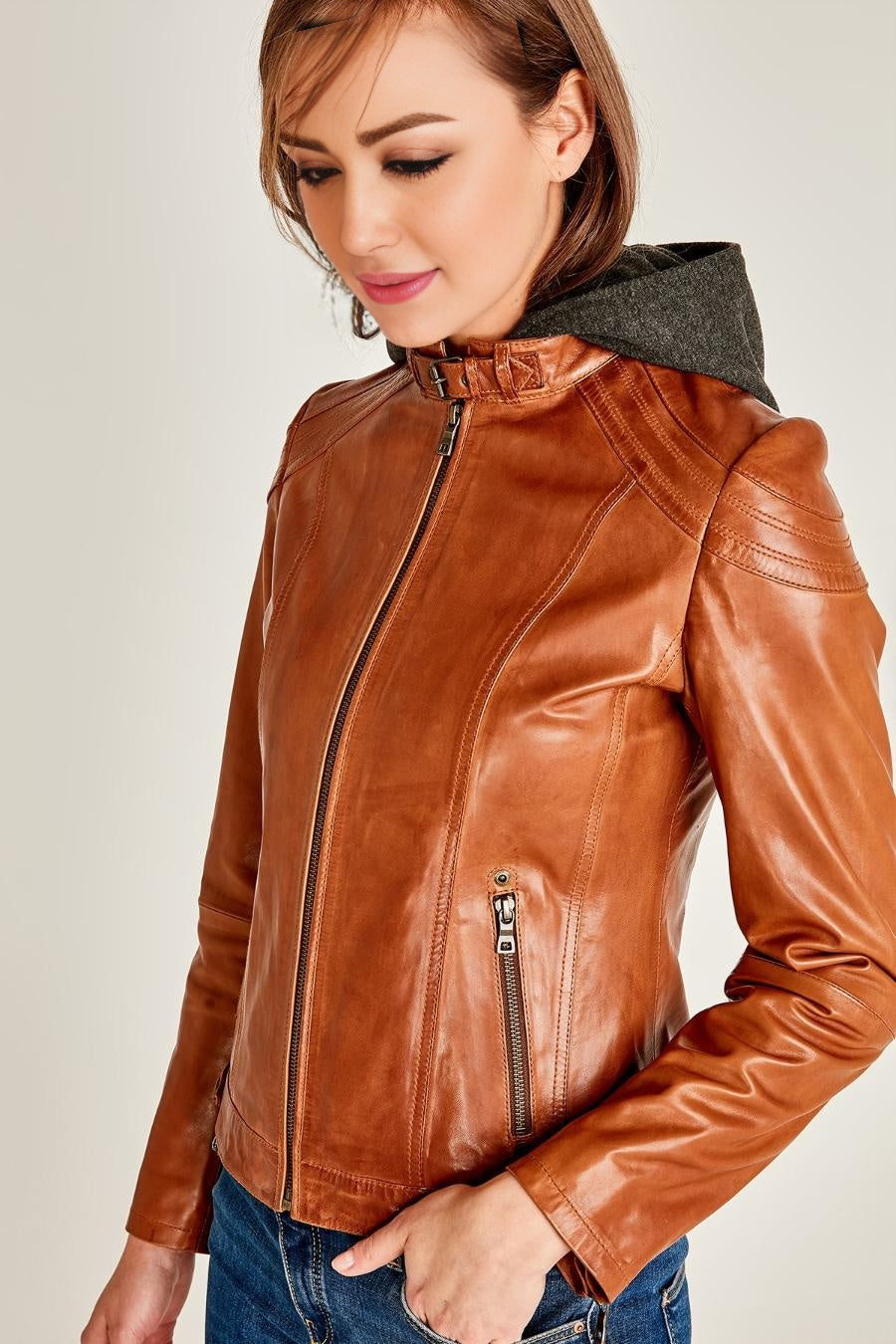 Vegas Stylish Brown Leather Hoodie Jacket For Women