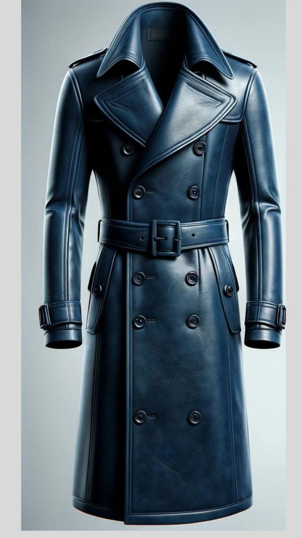 Blue Trench Leather Coat For Men