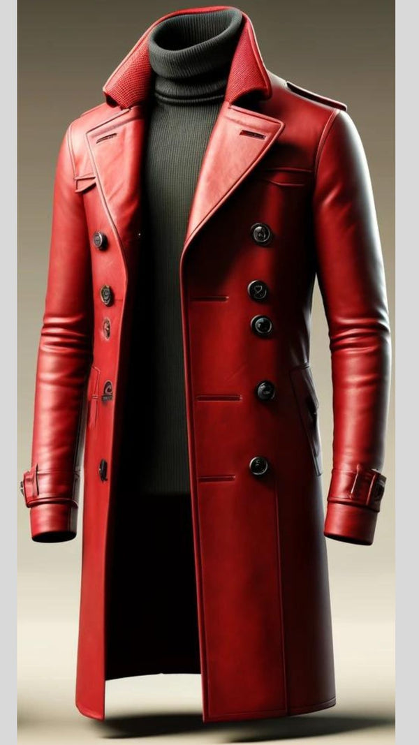 Red Trench Winter Leather Coat For Men