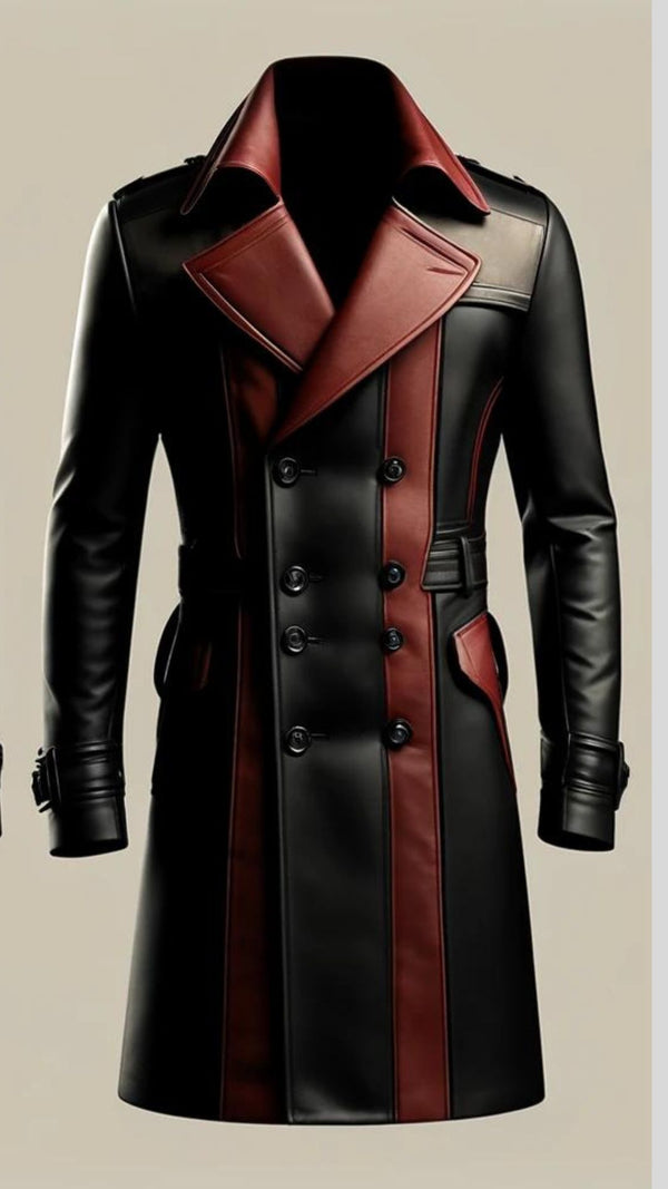 Captain Red & Black Leather Coat For Men