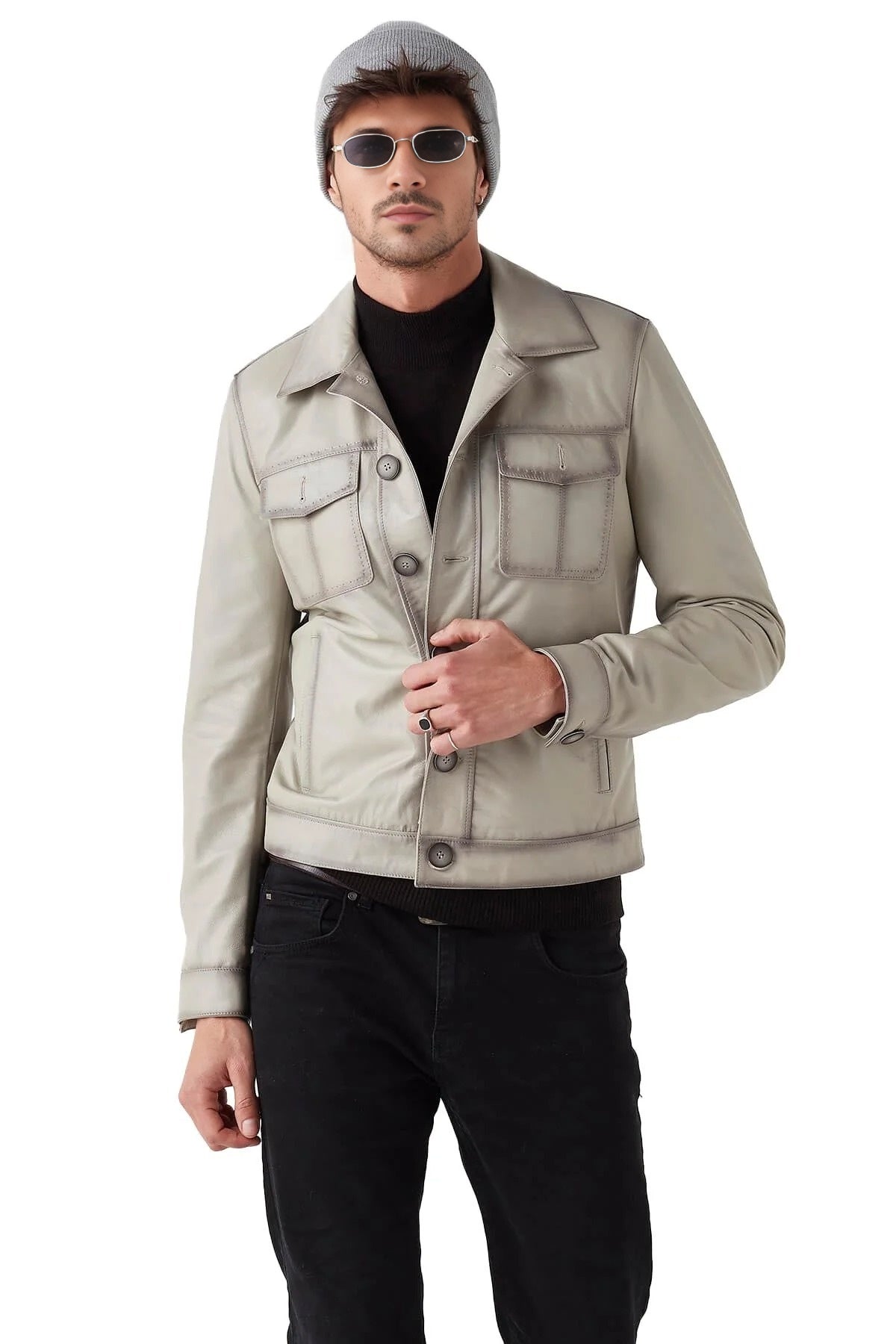 Matthew Beige Motorcycle Leather Jacket For Men