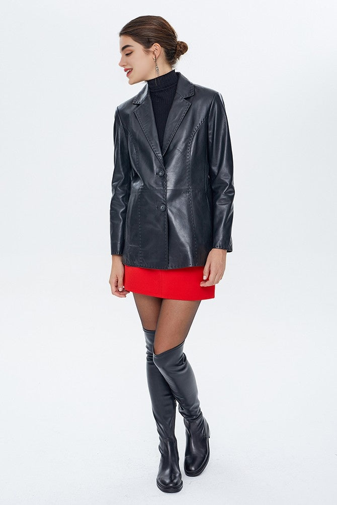 Black Barbara Blazer Leather Jacket For Women