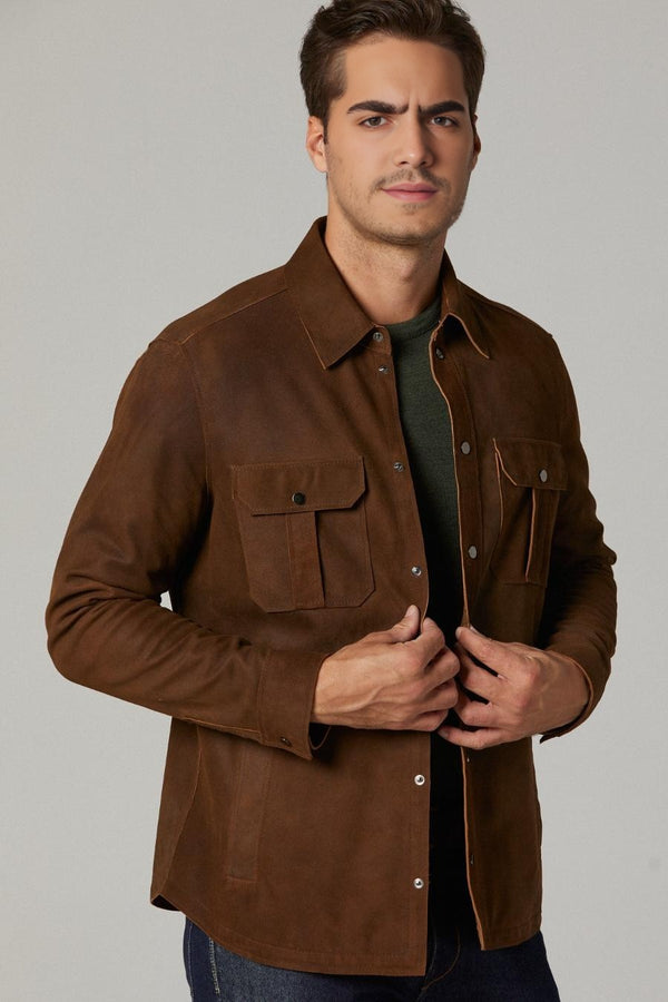 Sepia Suede Dark Brown Leather Jacket For Men