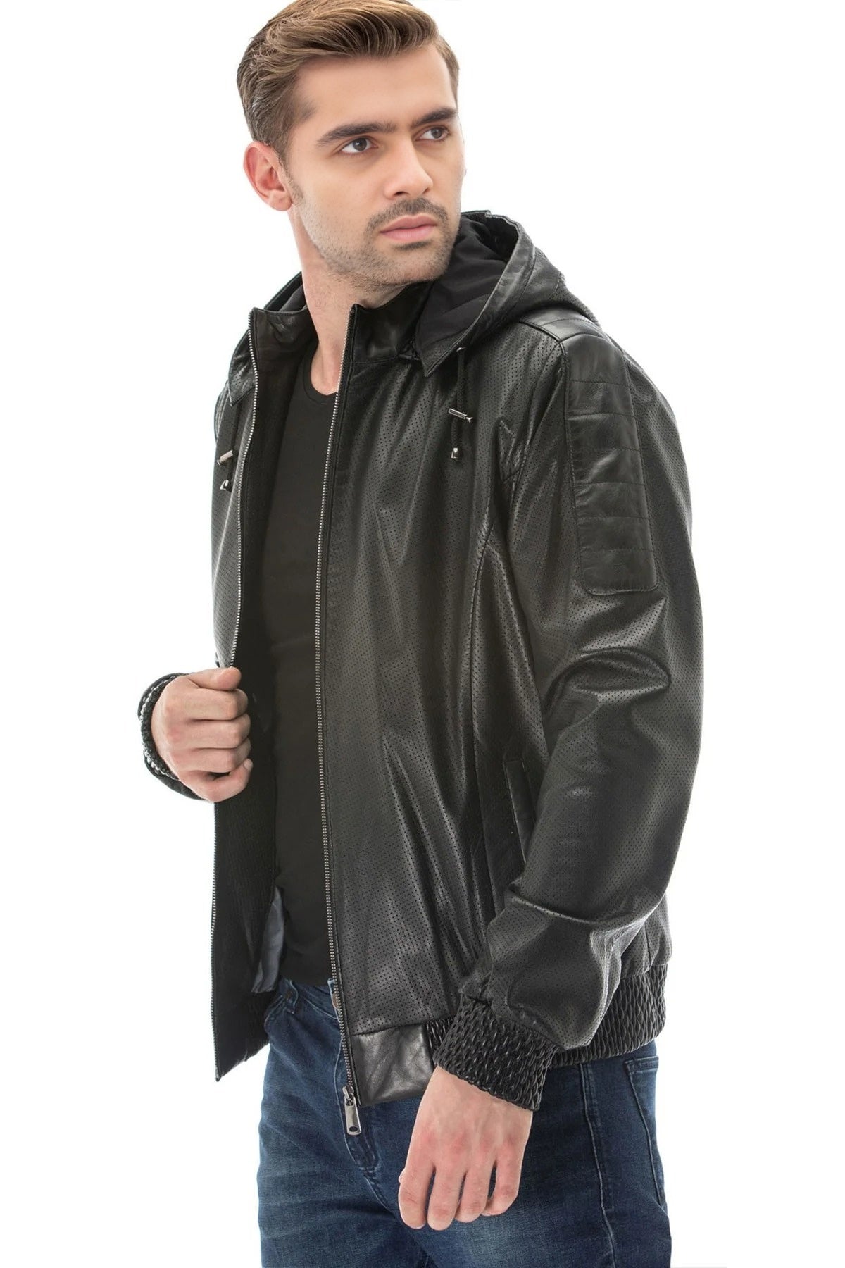 Winston Black Hooded Leather Jacket For Men