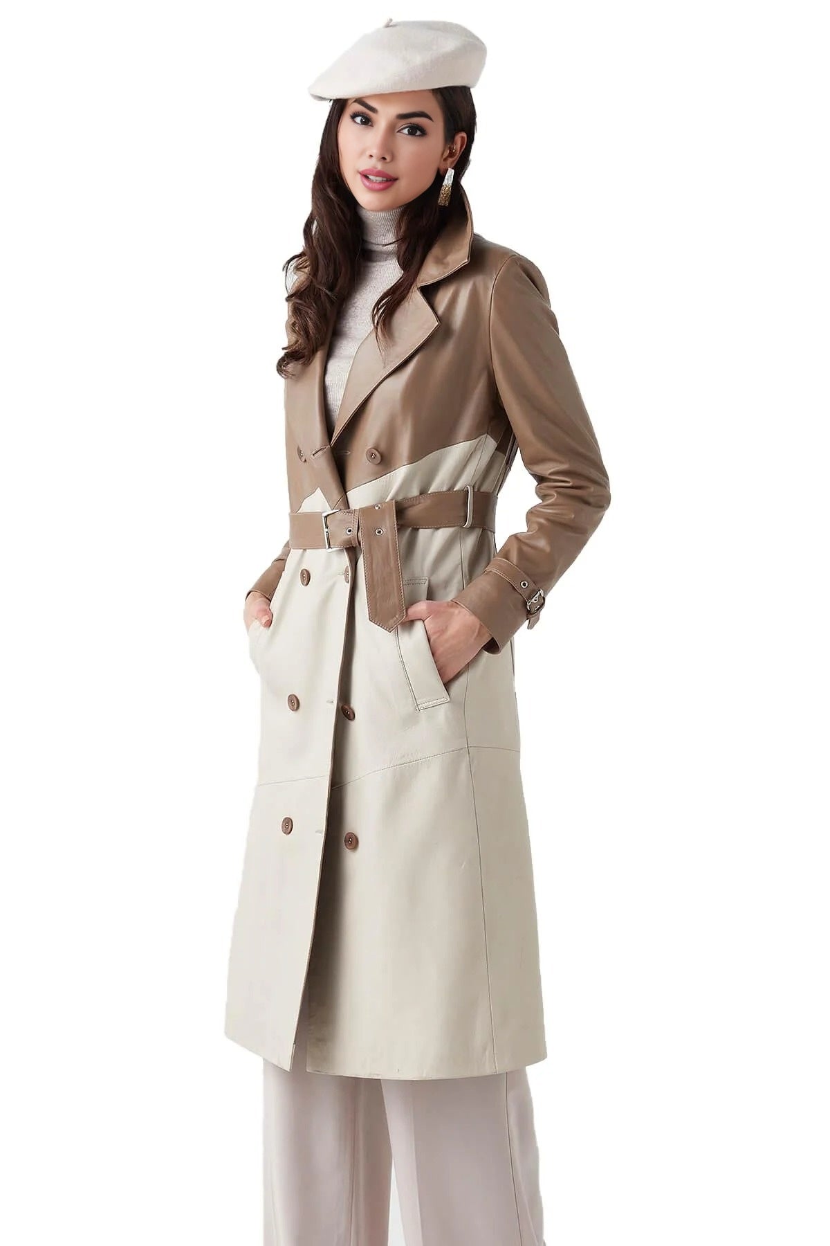 Sofia Women's Beige Garnished Cappuccino Leather Trench Coat