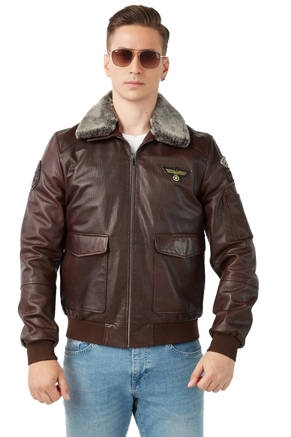 Patrick Brown Fur Collar Leather Jacket For Men