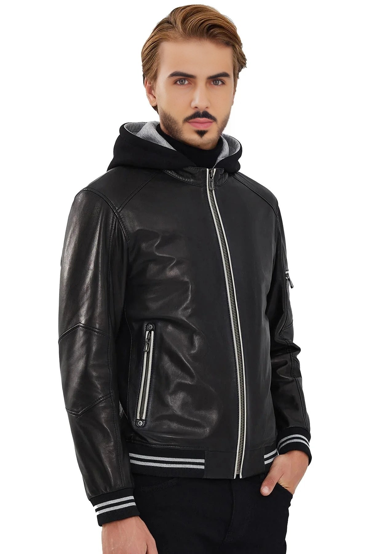 Bryson Black Stylish Leather Jacket For Men With Hood