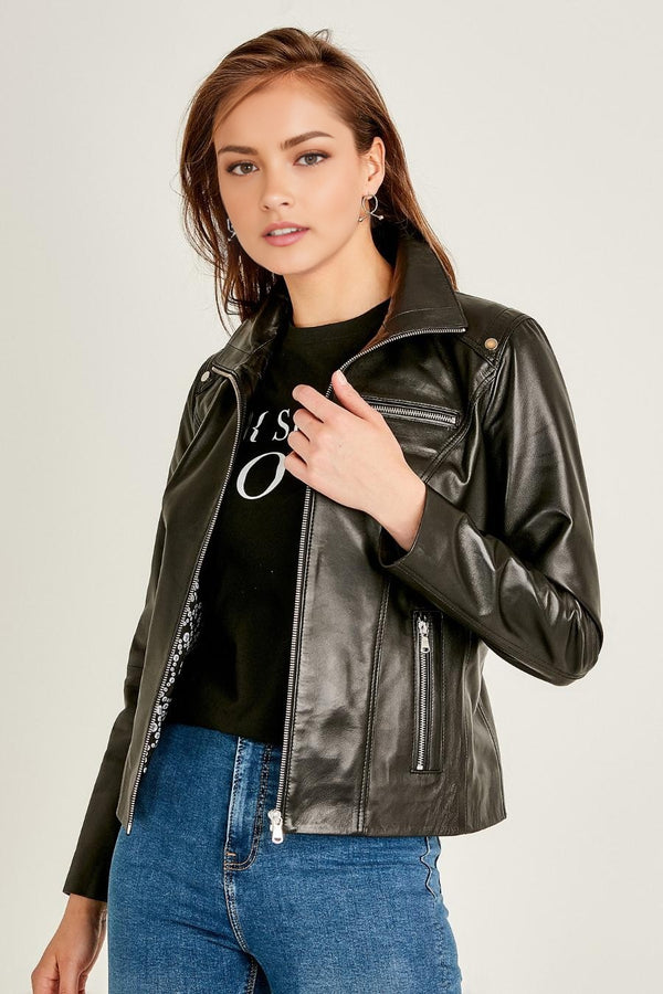 Patricia Stylish Collar Black Leather Jacket For Women