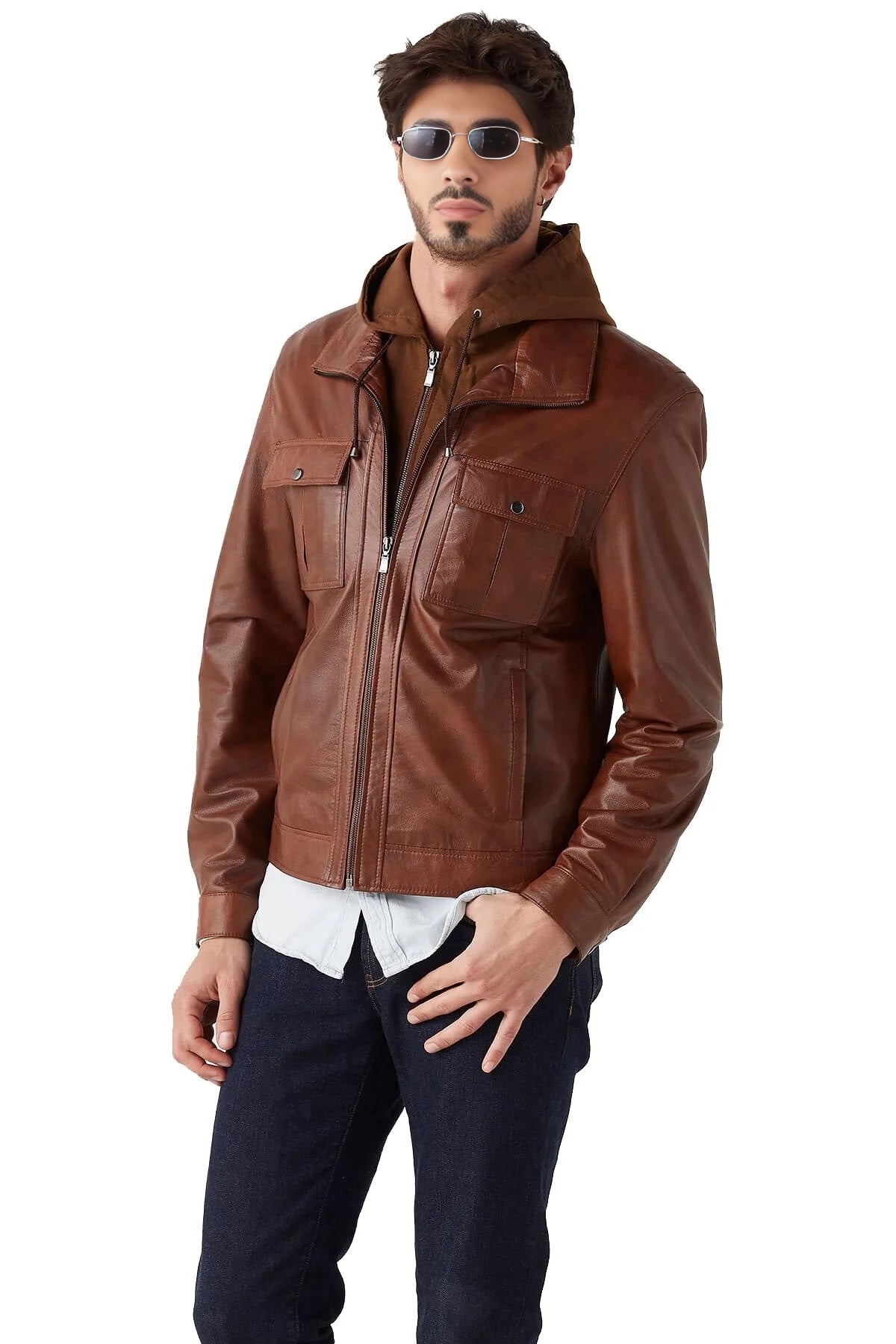 Tyler Brown Shirt Hood leather Jacket For Men