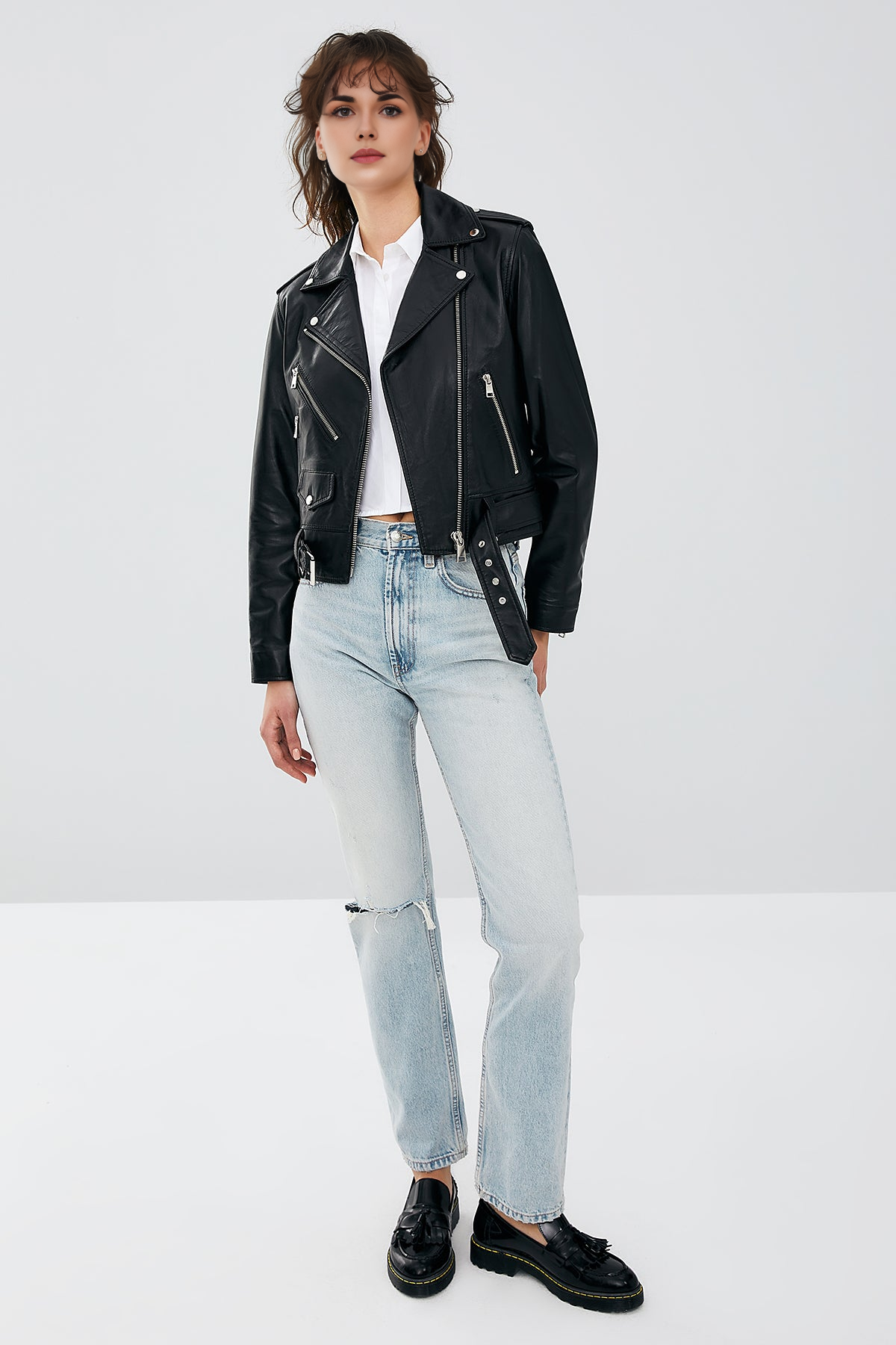 Newage Slim-Fit Black Biker Leather Jacket For Women