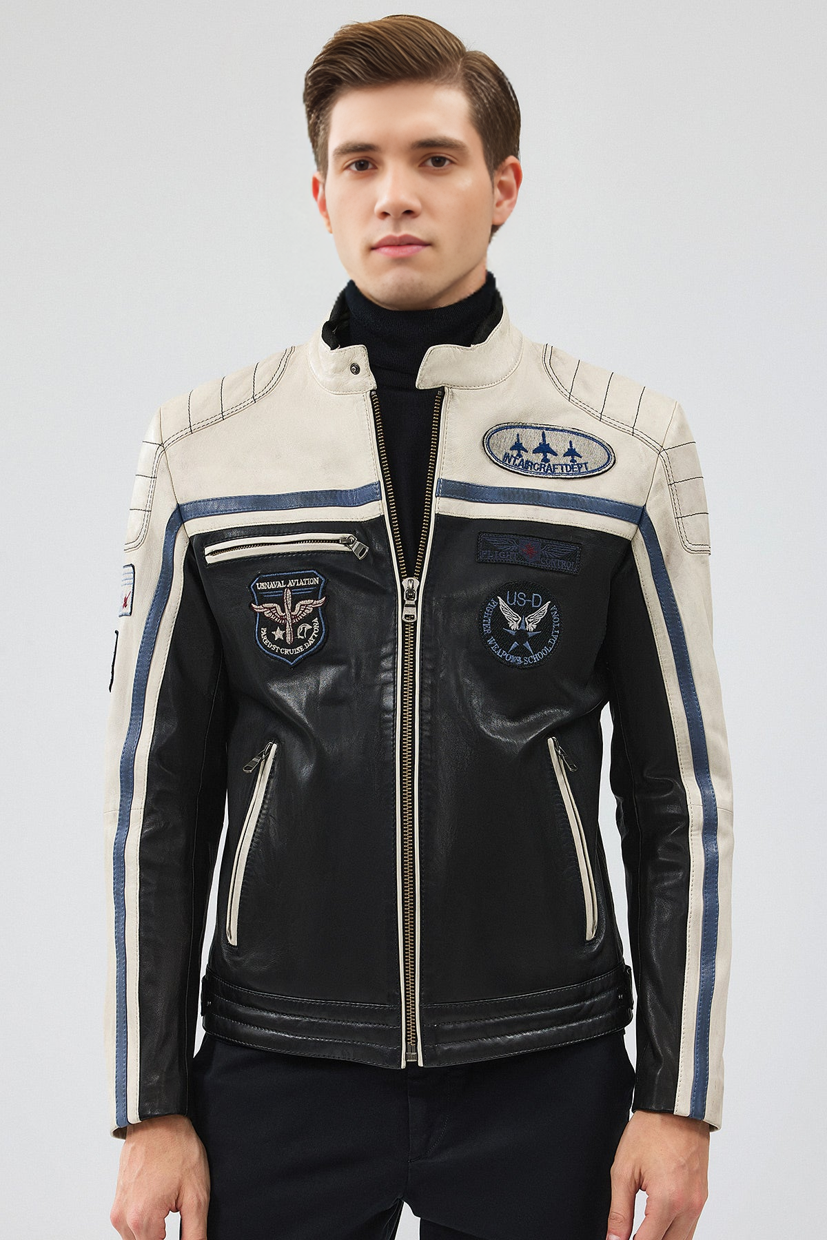Takeoff Emblem Black Leather Jacket For Men