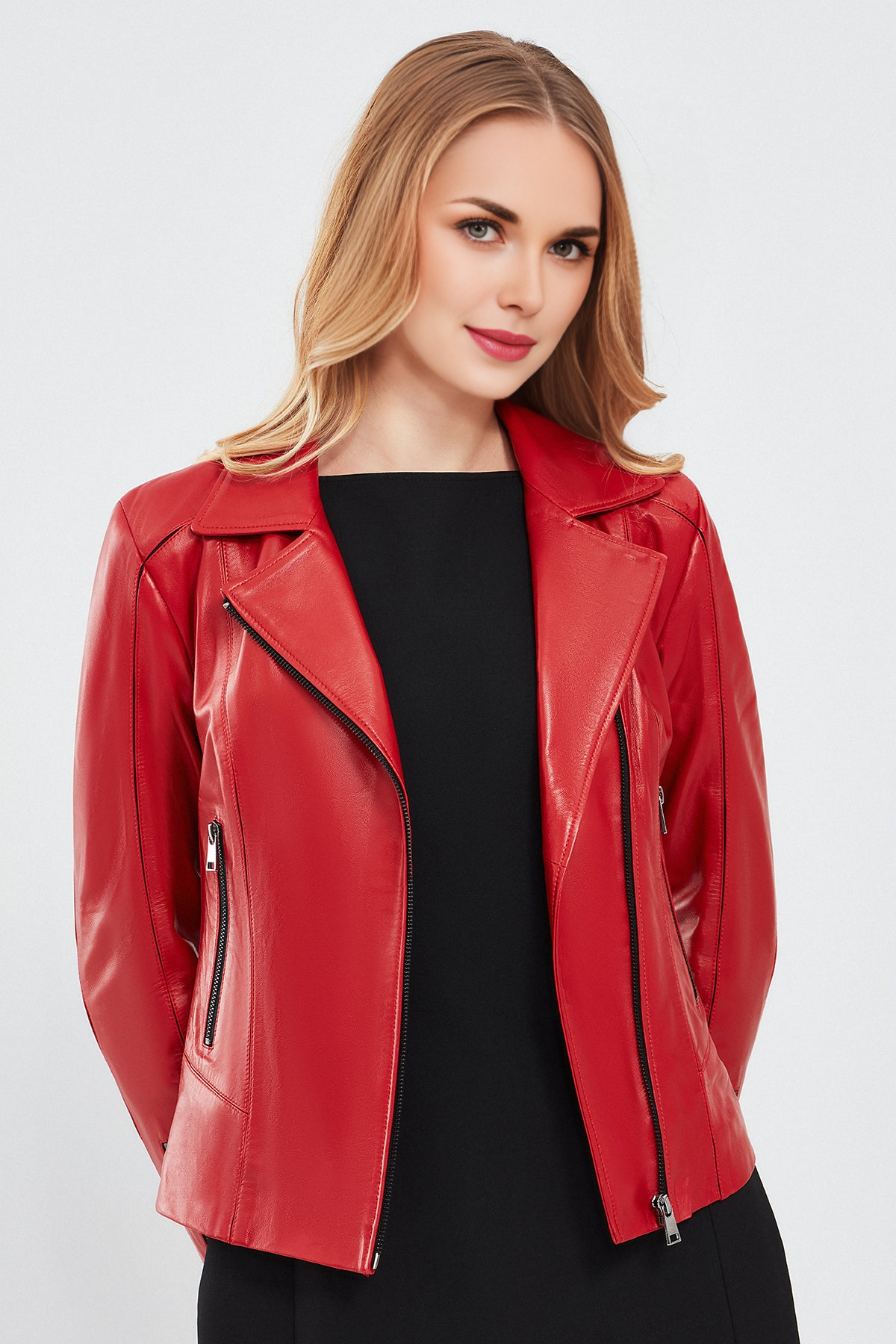 Kiara Women’s Slim-Fit Red Biker Leather Jacket