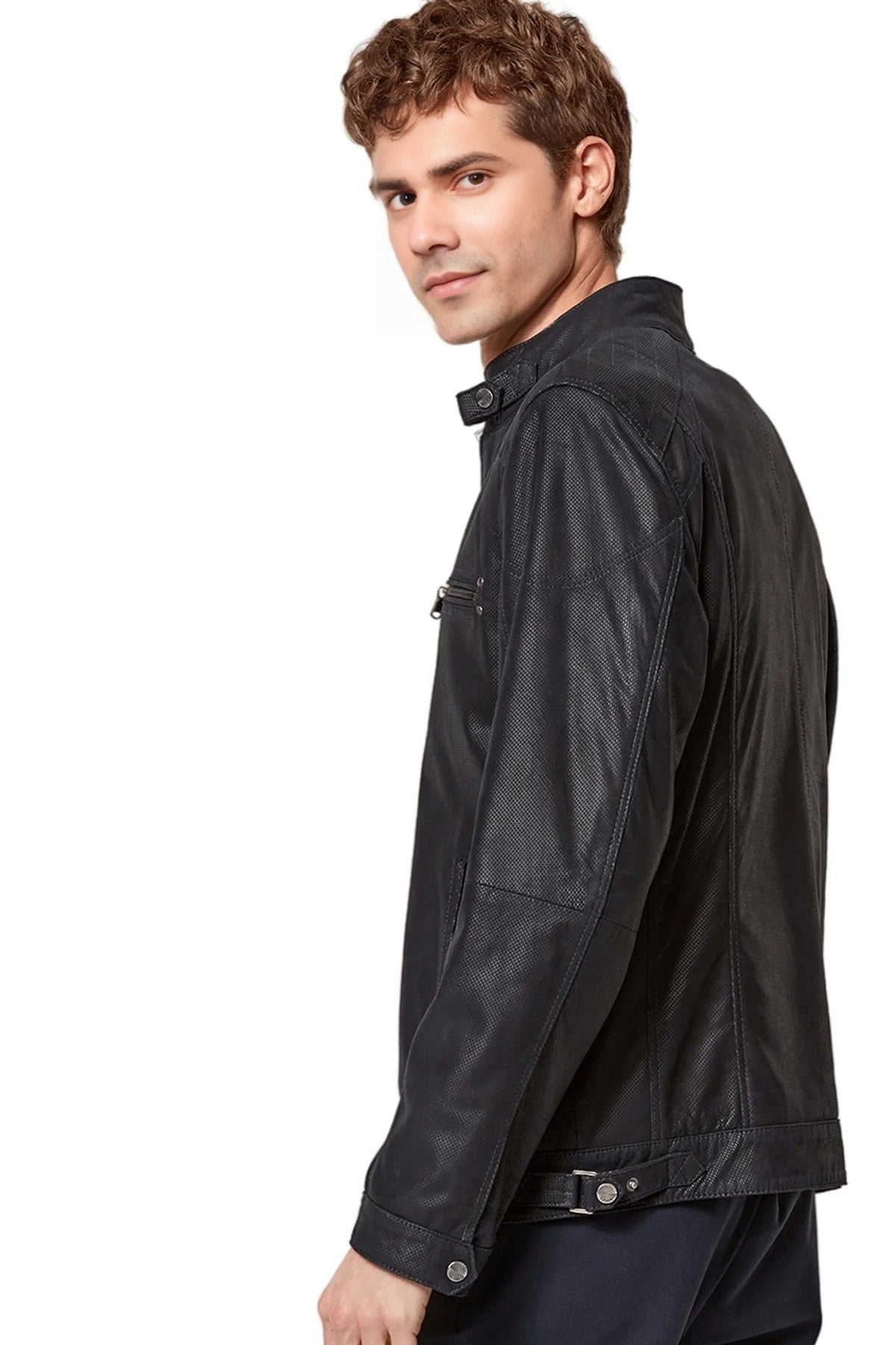Clifford Navy Blue Cafe Racer Leather Jacket For Men