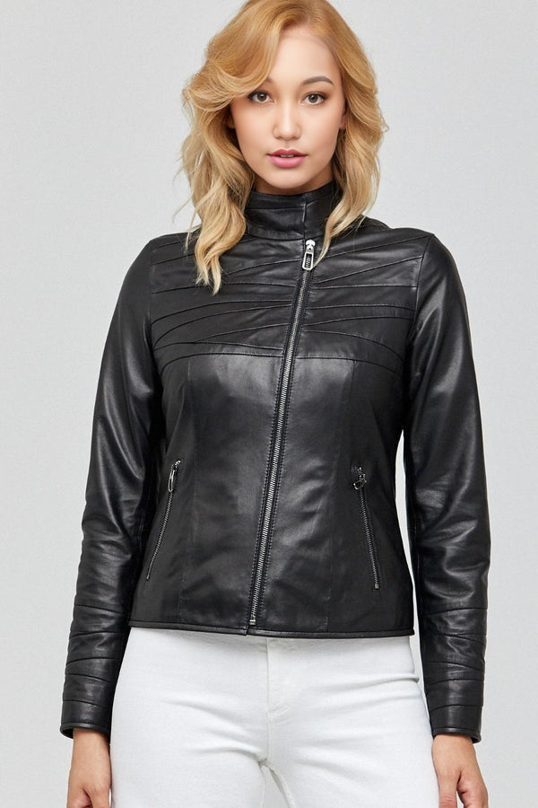 Diagonally Plated Black Leather Jacket For Women