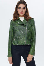 Caroline Green Waxed Biker Leather Jacket For Women's