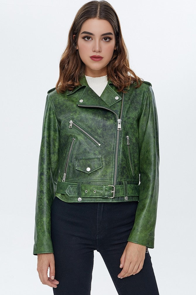 Caroline Green Waxed Biker Leather Jacket For Women's