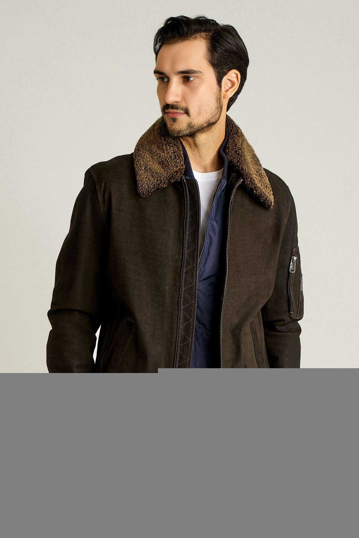 Bomber Dark Brown Fur Collar Jacket For Men