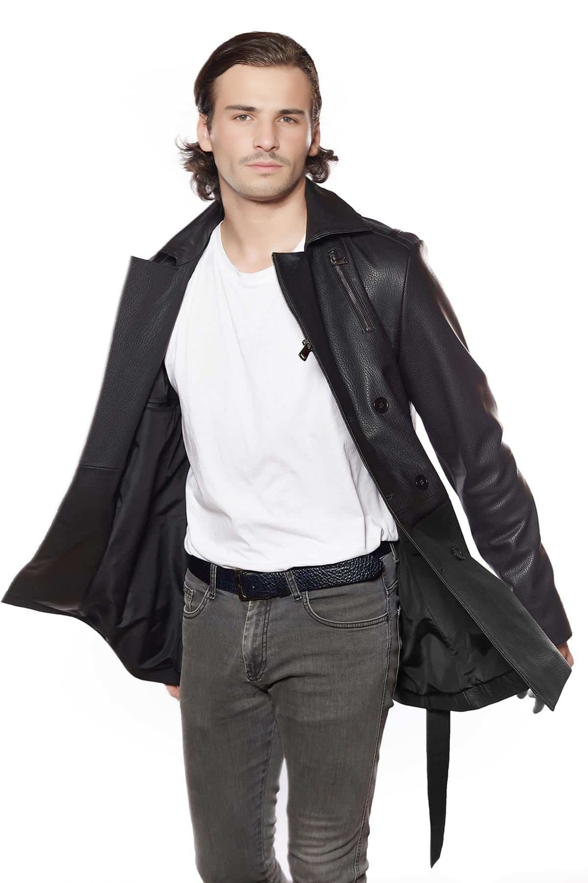 Black Leather Coat With Belt Closure For Men
