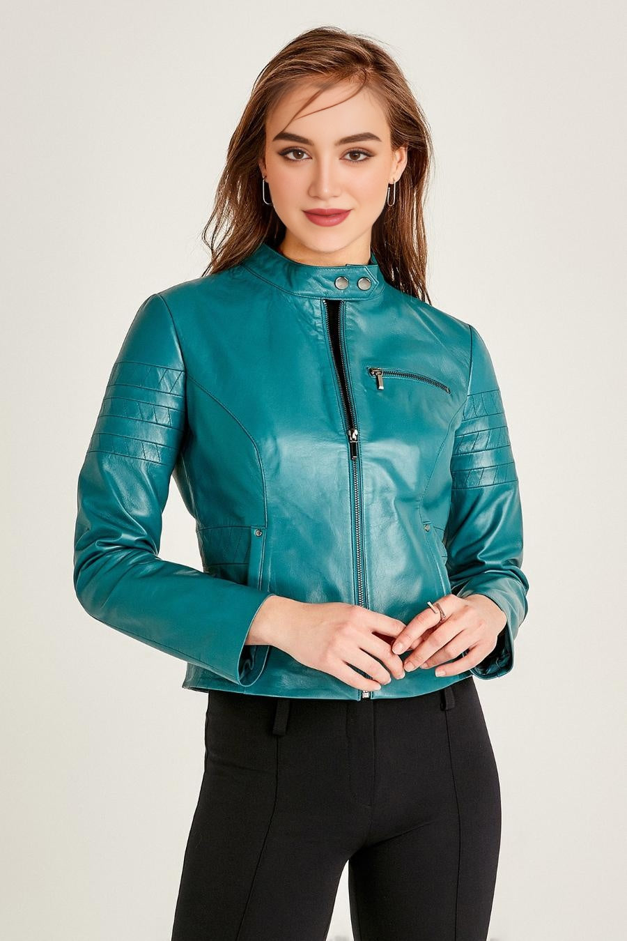 Azure Stylish Blue Leather Jacket For Women