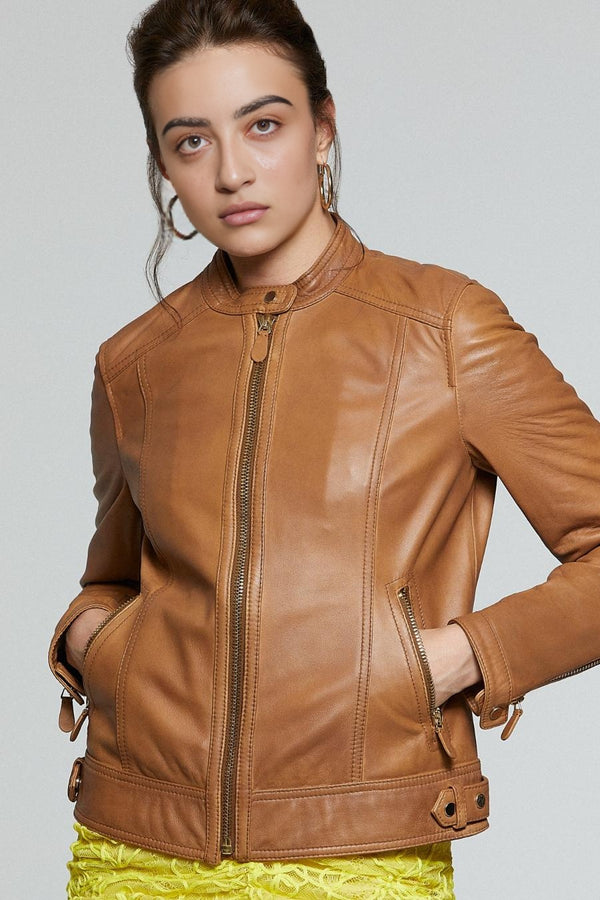 Hannah Brown Smooth Leather Jacket For Women
