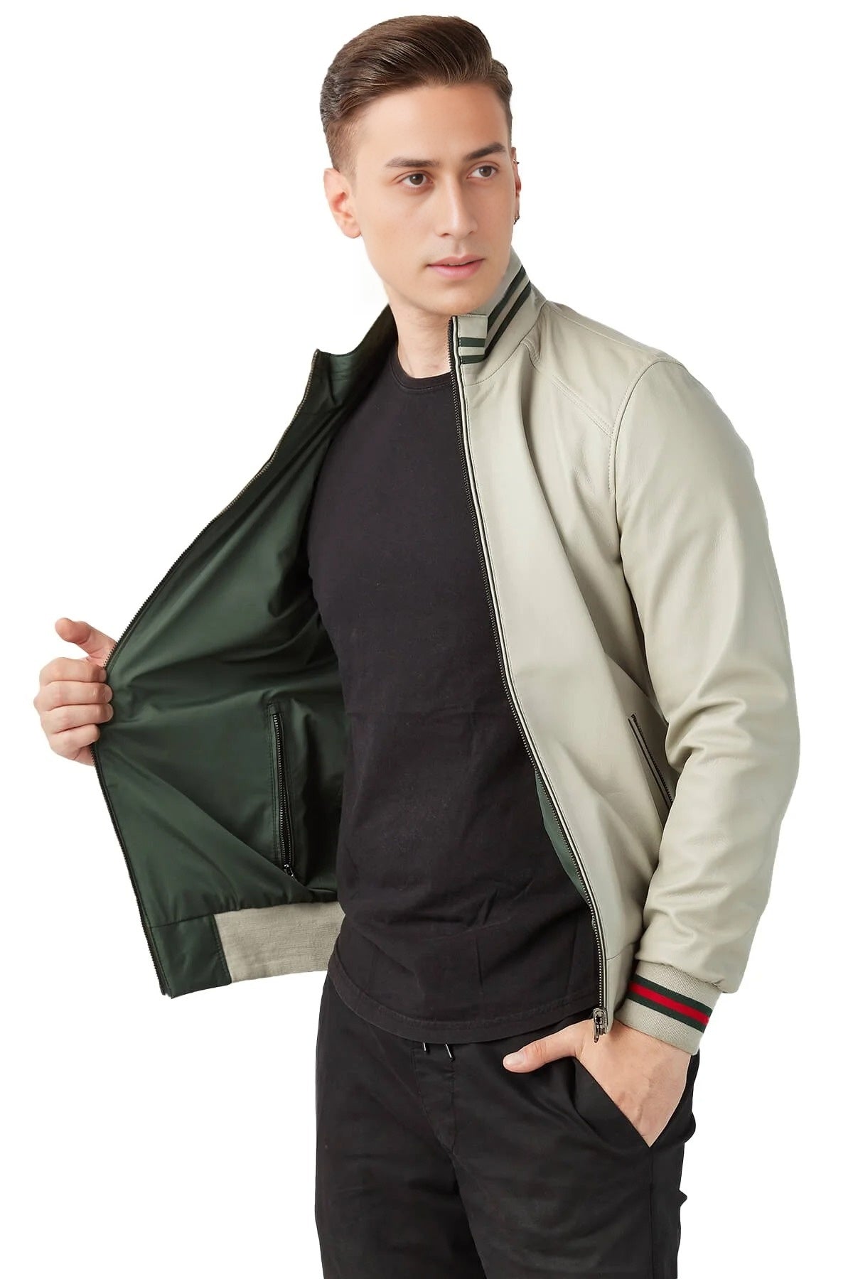 Albert Beige Bomber Leather Jacket For Men